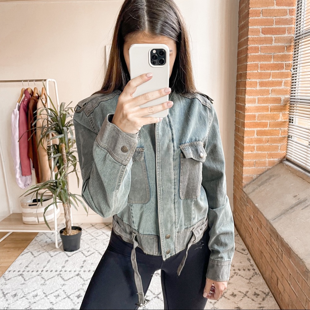 See by Chloe Distressed Military Leather Trim Jean Jacket - Picture 4 of 7